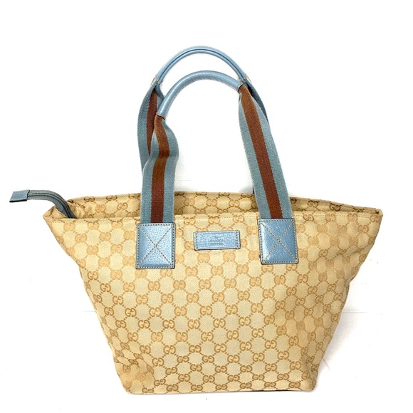 Authentic Gucci brown monogram canvas tote blue leather
